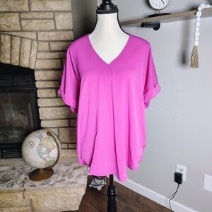She + Sky Bright Pink V-Neck Blouse
